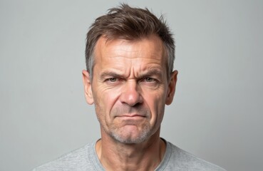 Obraz premium Mature man portrait with angry frown. Adult male looks displeased, shows negative emotion. Expression of rage, discontent, annoyance, dissatisfaction. Person in studio, grey background, close-up.
