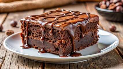 A freshly baked chocolate brownie with a rich, decadent chocolate glaze, drizzled with melted chocolate, ready to satisfy your sweet tooth.