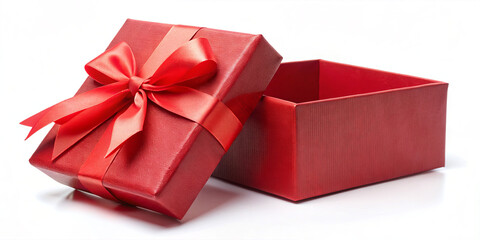 A vibrant red gift box is beautifully wrapped with a satin ribbon. The top is slightly ajar, hinting at surprise and excitement for an upcoming celebration or event
