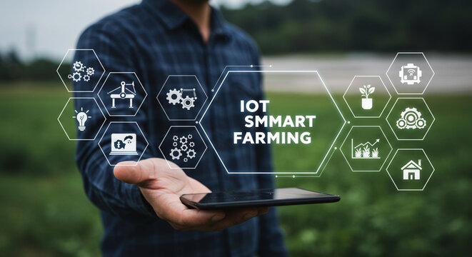 Man holding tablet displaying iot smart farming icons in a field with blurred green background business, data