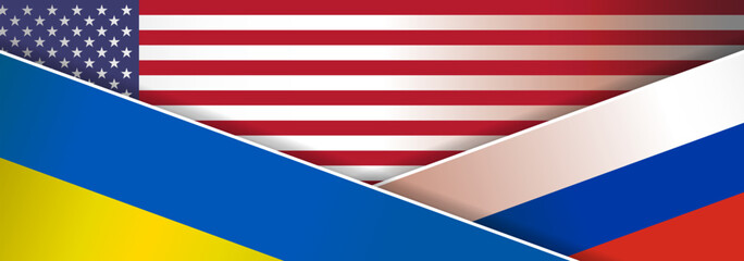Ukraine UA Russia USA united States American flags background, web, banner, wallpaper for text. negotiations, war, invasion, sanctions partnership template presentations, conferences