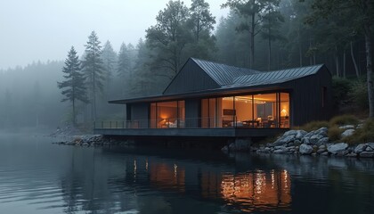 Obraz premium Minimalist villa on lake edge with stunning architectural design. Building nestled among trees, creating sense of harmony with nature. Evening light reflects in water, creating calm, peaceful