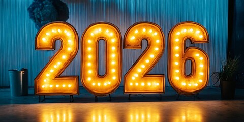 Glowing 2026 Golden Marquee Numbers Enhance Vibrant Party Atmosphere