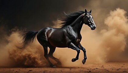 Dynamic studio action shot of black horse galloping. Powerful equine animal kicks up dust creating motion blur effect. Concept of strength speed, energy, force, determination. Ideal for posters,