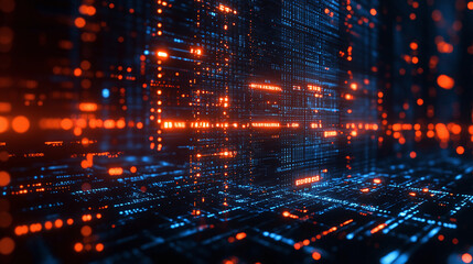 Fototapeta premium Electronic signal move and flashes along surface tracks of the neon colored circuit board