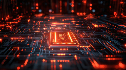 Obraz premium Close-up of neon colored circuit board pattern and electronics. Abstract digital data background.