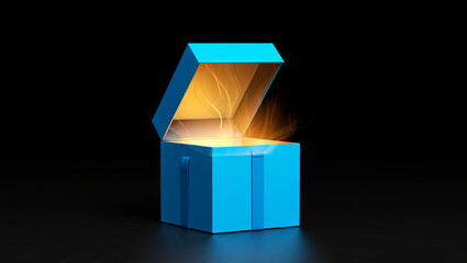 A bright blue gift box stands open, emanating a soft golden glow and sparks. The glowing light creates a captivating ambiance, evoking curiosity and imagination