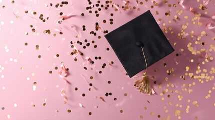 Flat lay of graduation cap and confetti, soft pink background, clean modern celebration concept