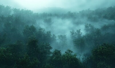 Fototapeta premium Misty forest scene, trees shrouded in fog, ethereal ambiance