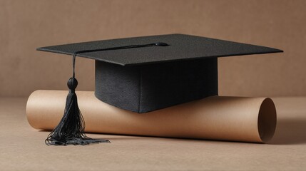 Graduation cap and diploma scroll, centered composition, minimalist taupe background, natural light