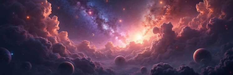 Fototapeta premium Stunning galactic space illustration, starry sky with planets, glowing clouds, nebula, stars. Deep space view, vibrant colours, magical atmosphere, celestial bodies. Ideal for wallpaper, poster, art,