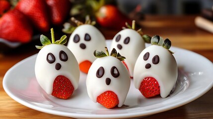 Obraz premium Spooky Halloween Treats: Whimsical Ghost-Shaped Chocolate Strawberries Displayed