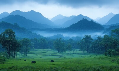 Misty morning in a valley with rice paddies and grazing animals, surrounded by blue mountains