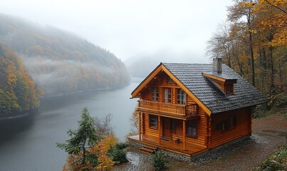 Fototapeta premium Misty lake view, cozy wooden cabin nestled on lakeshore. Autumn foliage