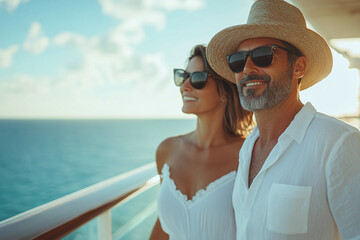 Fototapeta premium Romantic hugging couple enjoying on travel cruise ship. Travel banner with copy space
