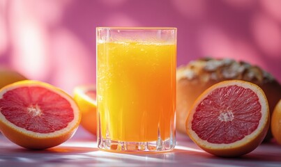Glass of orange juice with grapefruit and bread over gradient pink to purple background captured for citrus breakfast layout and beverage stock photo composition in vibrant morning contrast setup,

