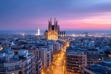 Obraz premium Barcelona Skyline at Dusk - Stunning cityscape view of Barcelona at sunset, featuring the Sagrada Familia and city lights