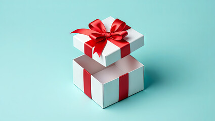 Fototapeta premium A beautifully wrapped gift box features a vibrant red ribbon, sitting open on a light blue background. Perfect for any celebration or surprise
