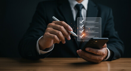 A person in a suit using a stylus on a phone with a checklist overlay in a dark environment business, data