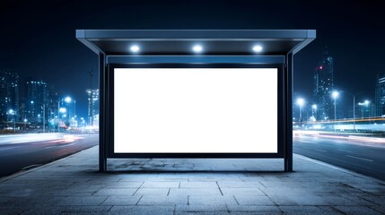 Fototapeta premium Blank Billboard at Night Bus Stop - Illuminated bus stop billboard at night with city skyline in background. Perfect for advertising mockups