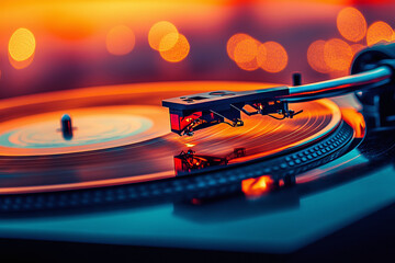 Vintage Turntable Playing Vinyl Record at Sunset With Warm Light