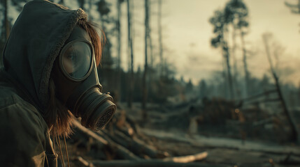 Woman in a gas mask against the background of a cut-down forest
