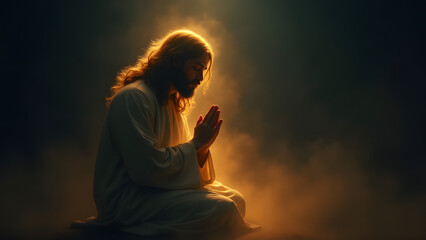 Jesus in prayer, glowing against darkness, symbolizing faith and divine connection. Detailed artwork with copy space.
