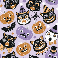 Seamless vector pattern with retro Halloween characters. Hand drawn spooky black cat and Halloween pumpkin illustration. EPS 10 vector file. Perfect for textile, wallpaper or nursery print design.