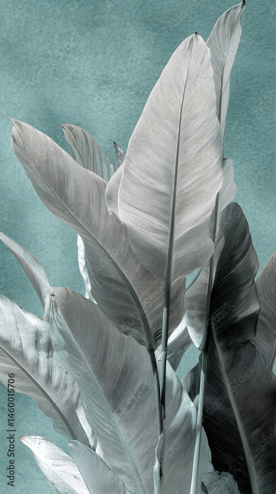 Aufkleber close-up of textured gray-white leaves against a teal background, creating a serene and elegant bota