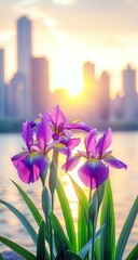 Purple Irises at Sunset over City