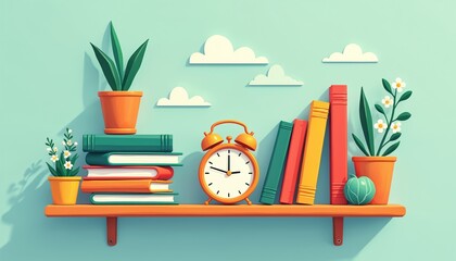 Vibrant illustration school shelf books alarm clock plants. Education concept. Learning, time management. Reading textbooks, stories, nature. Knowledge wisdom, fresh spring. Back to school