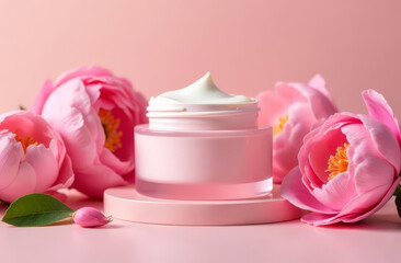Pink face cream with peonies. Cream in a glass jar with pink flowers. Cosmetic cream on a pink background.