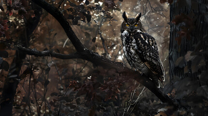 A great horned owl perched on a branch in a dark forest with yellow eyes staring
