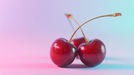 Cherry flat lay on pastel gradient background, dreamy look