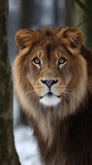 Fototapeta premium Majestic Lion Stares Intently with Golden Eyes Surrounded by Winter Snow in Outdoor Wildlife Setting
