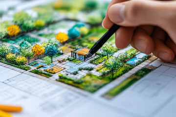 Fototapeta premium Urban planning sustainable city design green architecture hand drawing skyscrapers. Architect designing modern high-rise residential building area model. 