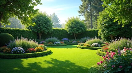 Lush garden landscape featuring vibrant flowers and trees  