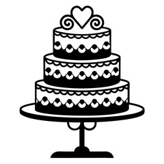 Elegant Three Tiered Wedding Cake Illustration with Heart and Scrollwork Details
