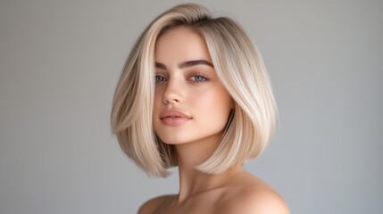 Portrait of a Woman with Short Sleek Bob Haircut Featuring Blonde Balayage Highlights Around Face