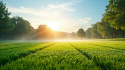 Sunlit Green Field with Trees Against a Clear Blue Sky  
