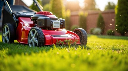 Lawn mower cutting grass in a sunlit garden  