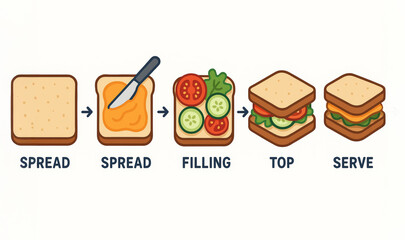 Step-by-Step Illustration of Making a Simple Sandwich with Fillings and Toppings, Highlighting Easy Composition Techniques in Food Preparation. Isolated on white background