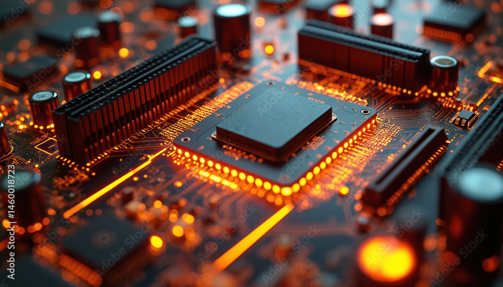 Poster cyberpunk motherboard illustration. circuitry glows orange. high-tech computer hardware concept. dig