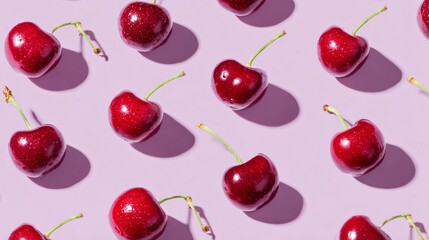 Fresh cherries arranged in minimalist grid pattern on pastel lilac background, lateral white space