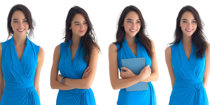 Woman in Blue Dress Four Poses, Versatile Style