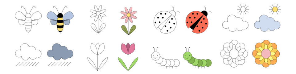 Set of cute spring-themed insect and flower illustrations shown in both outline and colored versions, perfect for children's designs.