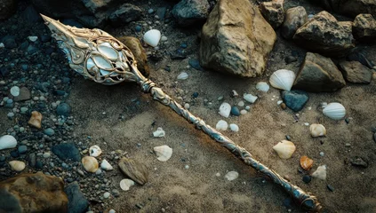 Golden staff rests on sandy shore, adorned with seashells and stones