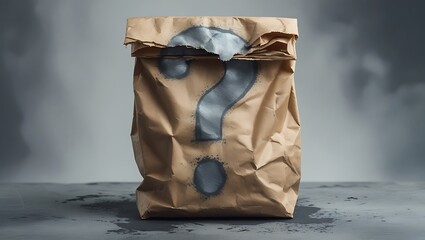 A worn kraft paper bag with a rough silver-gray question mark stands against a moody grayscale gradient, blending texture, mystery, and depth.