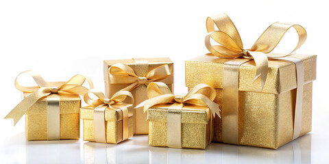 Various golden wrapped gifts are displayed together, showcasing intricate bows and shiny finishes. Ideal for festive events and celebrations, adding a touch of luxury