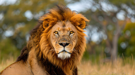 Fototapeta premium Portrait of a majestic male lion with a golden mane staring directly at the viewer